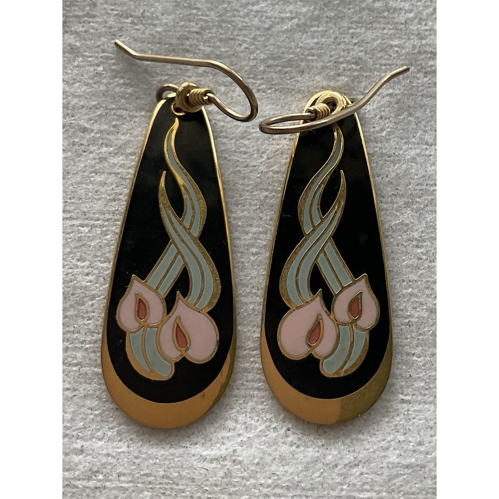 vintage 1980s Laurel Burch "Wild Iris" cloisonné teardrop dangle earrings Enamel
